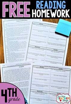 three reading homework sheets with the text 4th grade