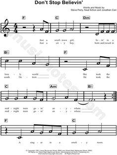 the music sheet for don't stop believin, with notes and chords