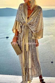 Dreamy Evenings Retro Court Style Kimono Maxi Dress – roschic Kimono Maxi Dress, Dresses Ladies, Sequin Cardigan, Party Kleidung, Long Romper, Elegant Blouses, Moda Vintage, Romper Dress, Loose Dress