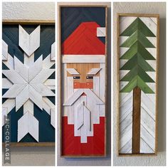 three wooden christmas decorations in different styles and colors