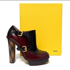 Fendi Platform Monk Strap Leather Ankle Boots Gorgeous Maroon And Ultra Dark Brown Leather High Heeled Ankle Booties. Goldtone Buckle Detail. Unique Print Heels. Includes Box, No Dustbag. Size: 37 Condition: New In Box Fendi Heels, Fendi Boots, Patent Leather Booties, Sock Ankle Boots, Beige Boots, Leather Biker Boots, Patent Leather Boots, Suede High Heels, Black Suede Heels