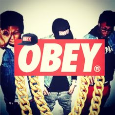 three young men standing next to each other with the word obey written on them in front of them