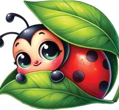 a ladybug sitting on top of a green leaf with big eyes and black spots