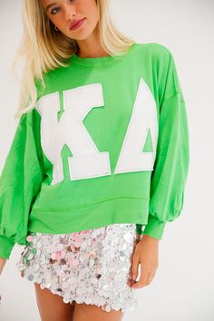 KAPPA DELTA GREEN LETTERS PULLOVER Judith March Kappa Delta Graphic, Delta Green, Green Letters, Sorority Letters, Green With Envy, Cropped Pullover, Kappa Delta, Cutout Design, Go Green