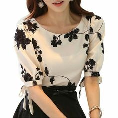 Half Sleeve Shirts Women, Áo Blu, White Chiffon Blouse, Printed Chiffon Tops, Printed Chiffon Blouse, Vestidos Retro, Floral Chiffon Blouse, Chiffon Blouses, Women Floral Blouse