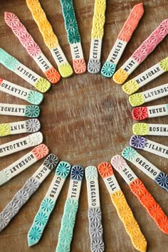 several different colored toothbrushes arranged in a circle on a wooden surface with the words,