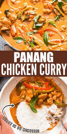 panang chicken curry with white rice in a bowl