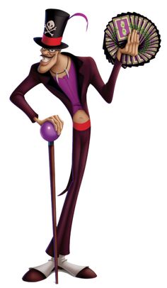 a cartoon character with a top hat and cane holding a fan in his right hand