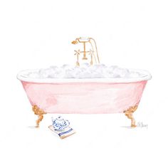 a drawing of a pink bathtub with bubbles in it and a blue and white plate next to it