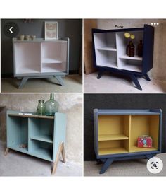 four different types of furniture are shown in this collage, including an open cabinet