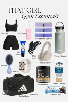 the contents of a gym bag that are labeled