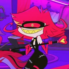 an animated character with red hair and black clothes, holding a broom in her hand