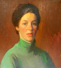 an oil painting of a woman in a green turtle neck sweater looking at the camera