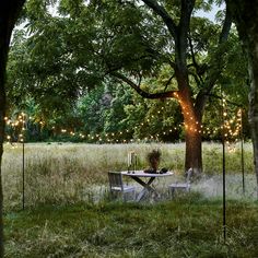 a table and chairs in the middle of a field with string lights strung around it