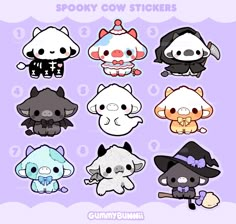 some cute little animal stickers on a purple background with the words spooky cow stick