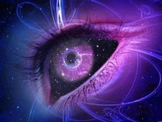 an eye is shown with purple and blue swirls in the iris, as well as stars