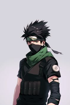 an anime character with black hair and green bandanna on his head, standing in front of