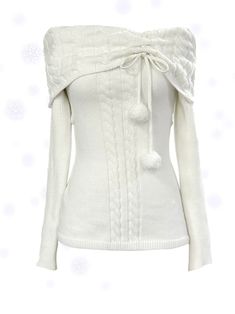 Get trendy with [Rose Island] The White Romance Wool-blend Sweater -  available at Peiliee Shop. Grab yours for $60 today! Cute White Sweater, Off The Shoulder Sweaters, White Sweater Women, Coquette Winter, Winter Coquette, Rose Island, Digital Wardrobe, Giant Bow, Gothic Princess