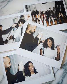 four polaroid photos of people in high heels and one man with a beard, standing next to each other