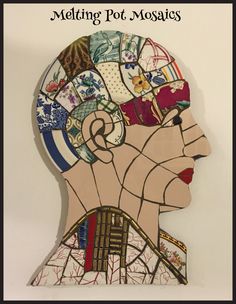 a woman's head is made out of stained glass and has many different designs on it