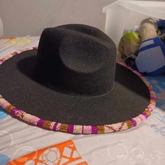 Women's One Size Felt Fedora With Hand Beaded Brim. Beaded Hat Brim, Beaded Hats, Burned Hats, Diy Hats, Kangol Hats, Rainbow Hats, Beaded Things, Orange Hats, Beaded Hat