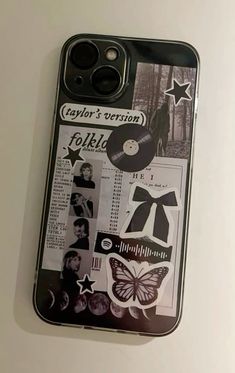 a cell phone case that has various pictures and words on it, including a butterfly