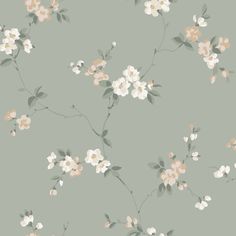 a floral wallpaper with white and pink flowers on a green background, in pastel shades