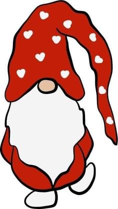 a red and white gnome with hearts on it's head, wearing a red hat