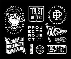 various logos and stickers for projects on black background stock photo - budget cut files