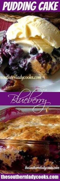 blueberry pudding cake with ice cream on top