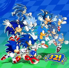 sonic the hedgehog and other cartoon characters in front of a blue checkered background