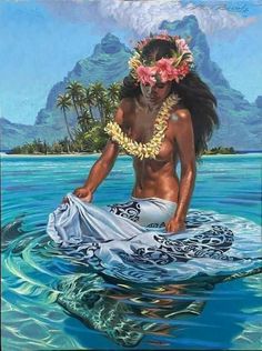 a painting of a man sitting in the ocean with flowers on his head and body