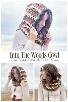 a woman wearing a crochet hat and scarf with the words into the woods cowl