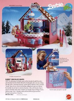 an advertisement for barbie's chocolate shop with pictures of the doll house and accessories