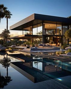 a house with a pool in front of it and palm trees on the other side