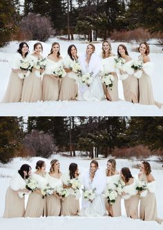 the bride and her bridal party in the snow