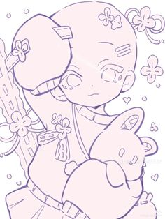 a drawing of a girl holding a teddy bear in her arms with flowers on it