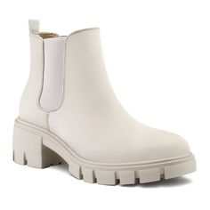 Pennysue women's platform chelsea boots ankle with elastic, not only make boots more fashionable and beautiful, but also can provide you with a better sense of fit. Thick bottom from the visual pull up your figure proportion, let you in the autumn and winter season to release the charm! Size: 7.5.  Color: White.  Gender: female.  Age Group: adult. Platform Chelsea Boots, White Platform, Chunky Block Heels, Bone White, Boots Ankle, Lug Sole, Pull Up, Winter Season, Ankle Booties