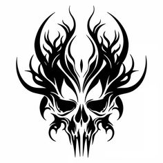 a black and white skull with flames on it