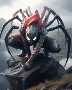 a man dressed in armor crouches down on a rock near a giant spider - like creature