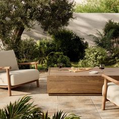 two chairs and a coffee table on a patio with trees in the backgroud