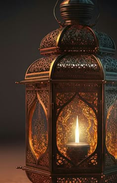 an intricately designed lantern with a lit candle inside