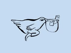 a drawing of a bird holding a baby bottle in it's mouth with the tag attached to its neck