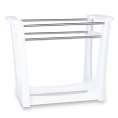 a white towel rack with two towels on it