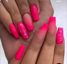 Neon Pink Ombre Nails, Hot Purple Nails, Hot Pink Ombre Nails, Nails For May, Easter Nails Short, Neon Ombre Nails, Pink Glittery Nails, Purple Nails Designs, Gold Glittery Nails