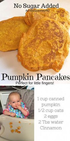 there are two pictures of pumpkin pancakes on the table and one has a baby in it