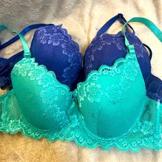 2 Gorgeous Lace Bras- A Beautiful Royal Blue Color And Beautiful Teal Blue Color! These Are Brand New/Never Worn Bras. Nwot- Never Worn Size 34c. Blue Lace Bra, Lace Bras, Royal Blue Lace, Teal Blue Color, Royal Blue Color, Lace Bra, Blue Lace, Teal Blue, Women's Intimates