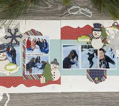 a scrapbook with photos and snowmen on it