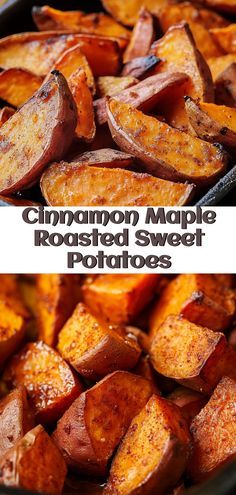 cinnamon maple roasted sweet potatoes in a cast iron skillet