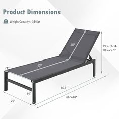 the adjustable chaise lounger is shown with measurements for each side and back section